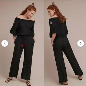 RAGA x Anthropologie Avalon Black Off-Shoulder Embroidered Sleeve Jumpsuit XS